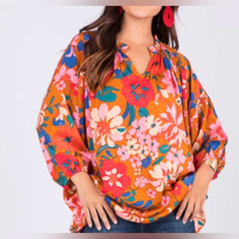 Entro Orange Floral Blouse with Pink and Blue Accents size S